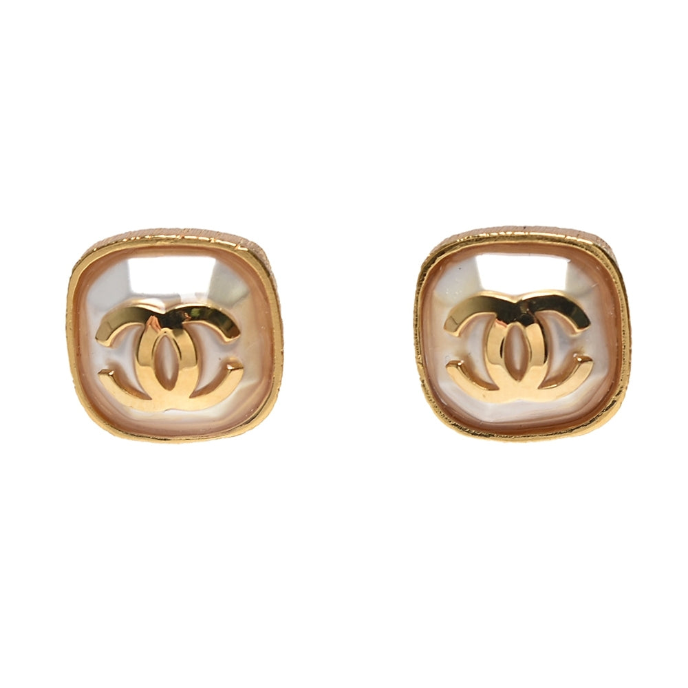 Chanel Double C Gold Mop Stud Earrings