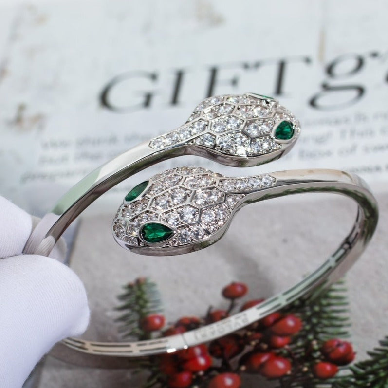 BVLGARI SERPENTI BRACELET SILVER MALACHITE DIAMOND DOUBLE SNAKE