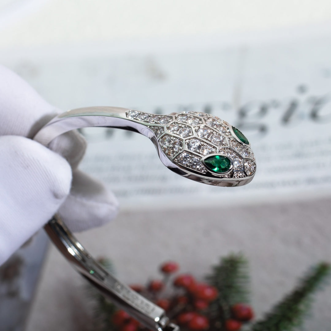 BVLGARI SERPENTI BRACELET SILVER MALACHITE DIAMOND DOUBLE SNAKE