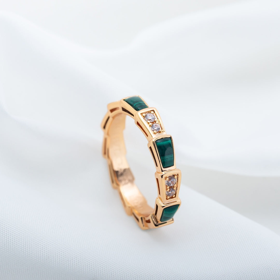 BVLGARI SERPENTI RING PINK GOLD MALACHITE DIAMOND 3MM