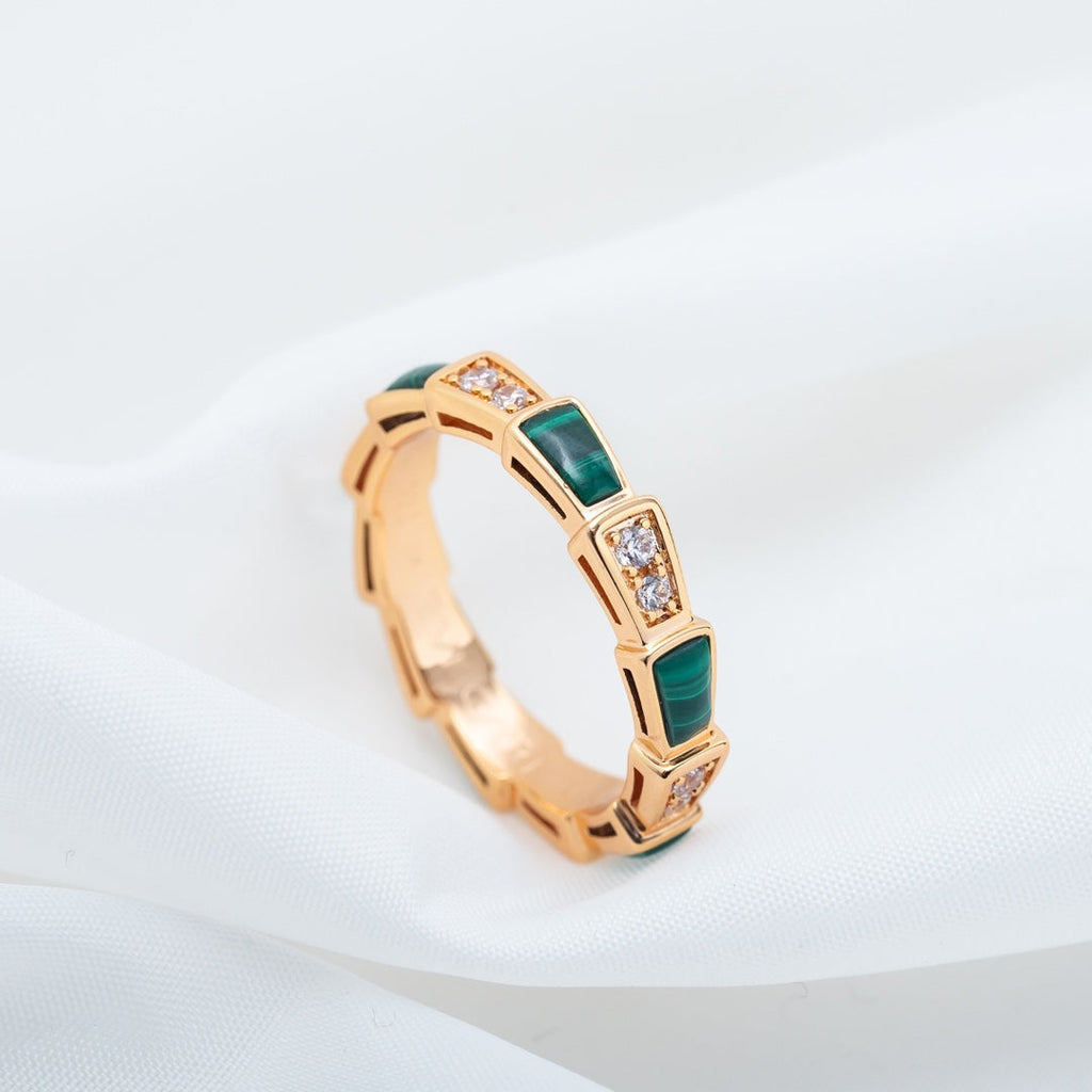 BVLGARI SERPENTI RING PINK GOLD MALACHITE DIAMOND 3MM