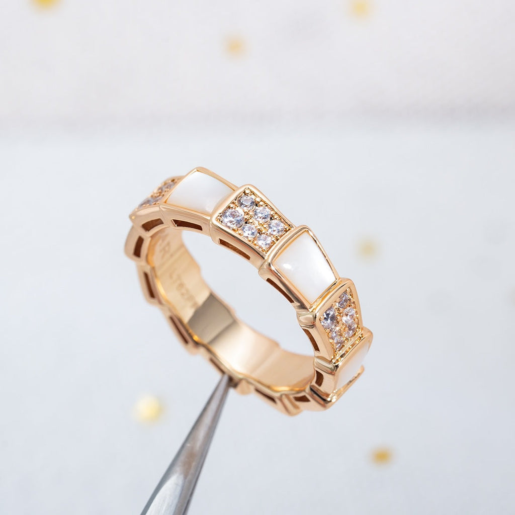 BVLGARI SERPENTI RING PINK GOLD MOP DIAMOND PAVED 4MM