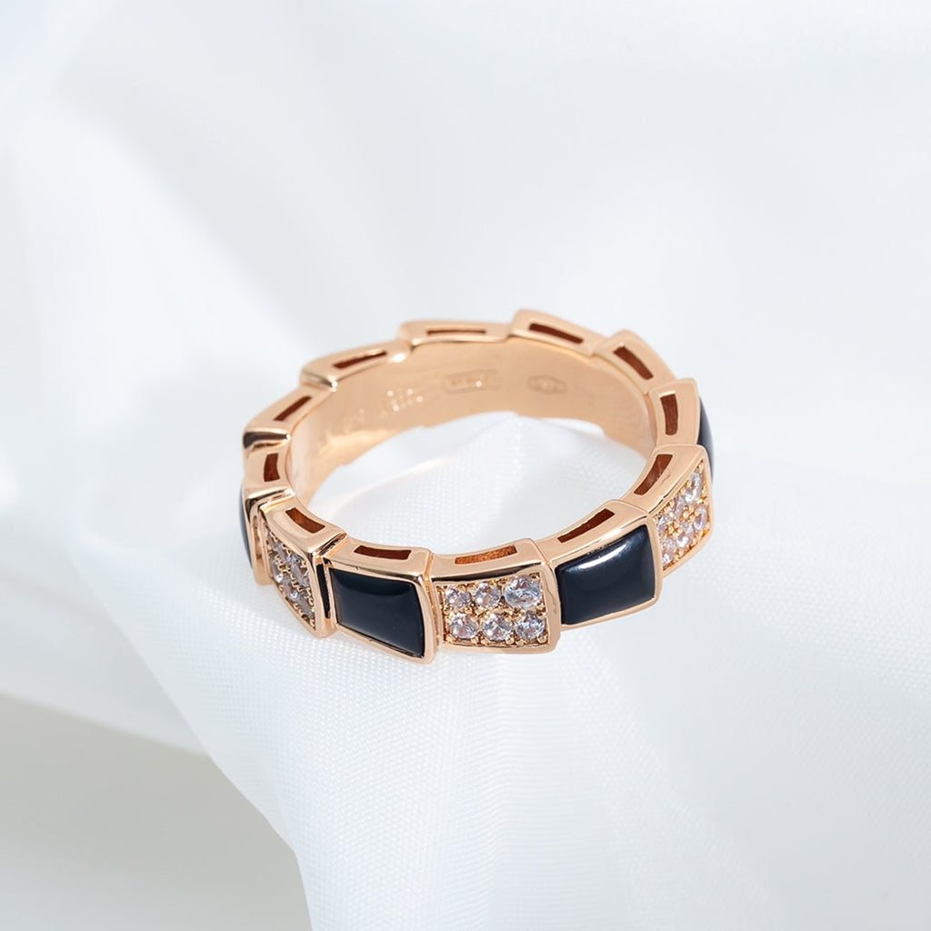 BVLGARI SERPENTI RING PINK GOLD BLACK MOP DIAMOND PAVED 4MM