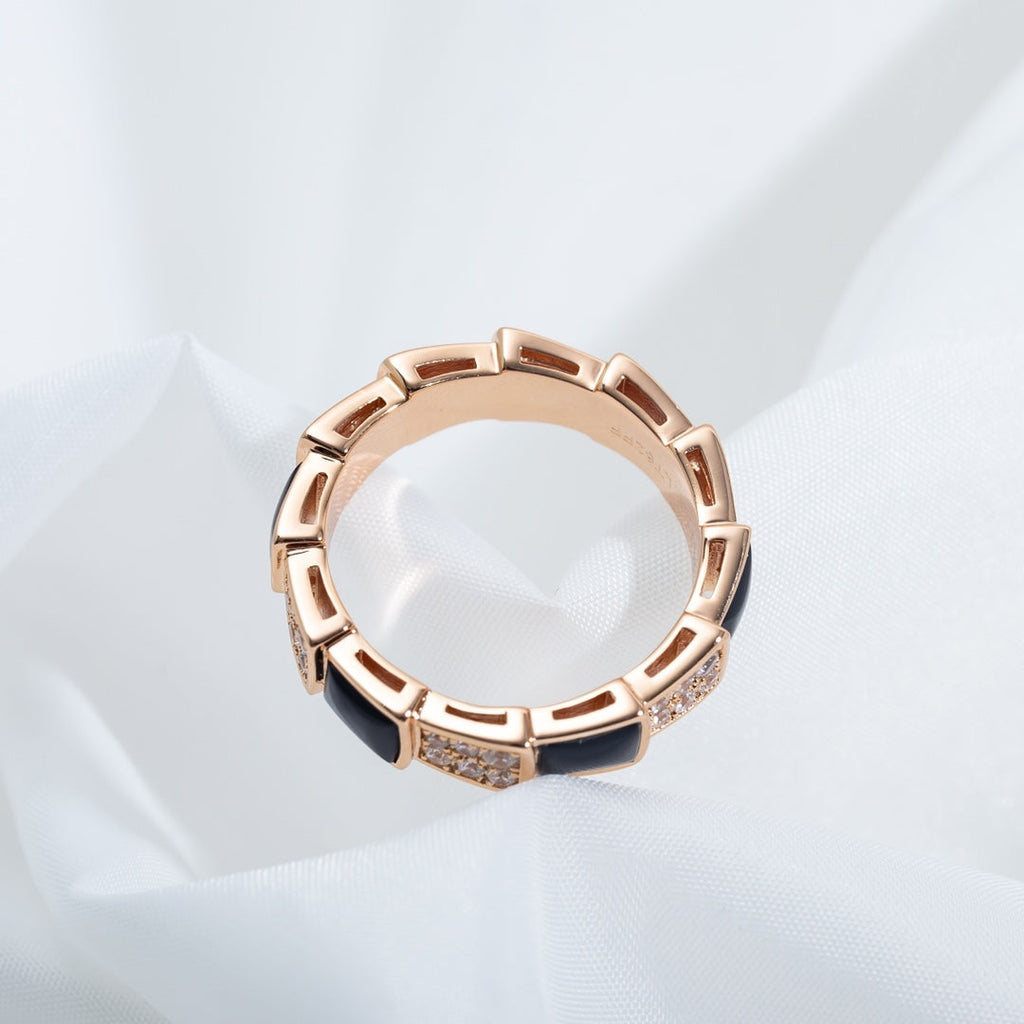 BVLGARI SERPENTI RING PINK GOLD BLACK MOP DIAMOND PAVED 4MM