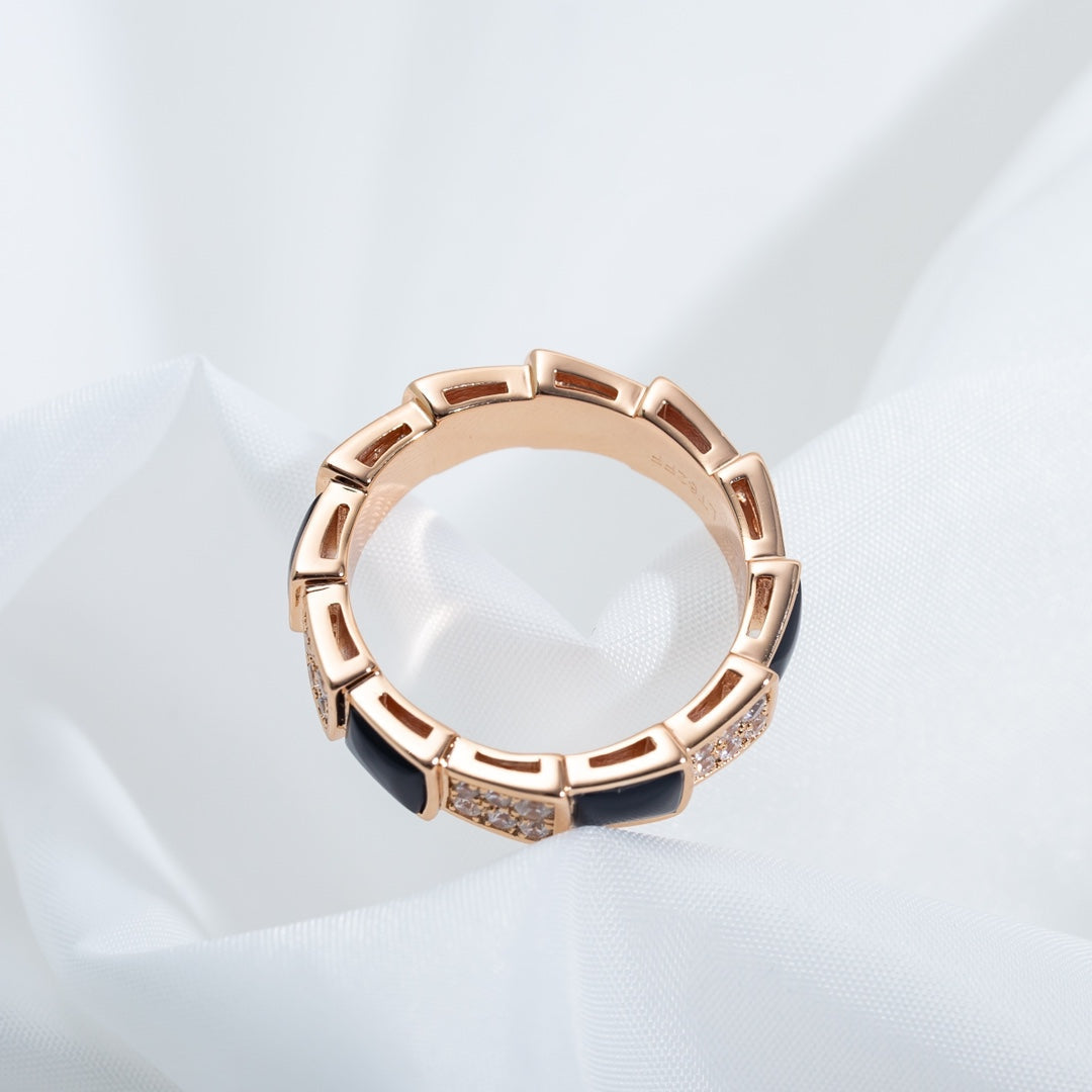 BVLGARI SERPENTI RING PINK GOLD BLACK MOP DIAMOND PAVED 4MM