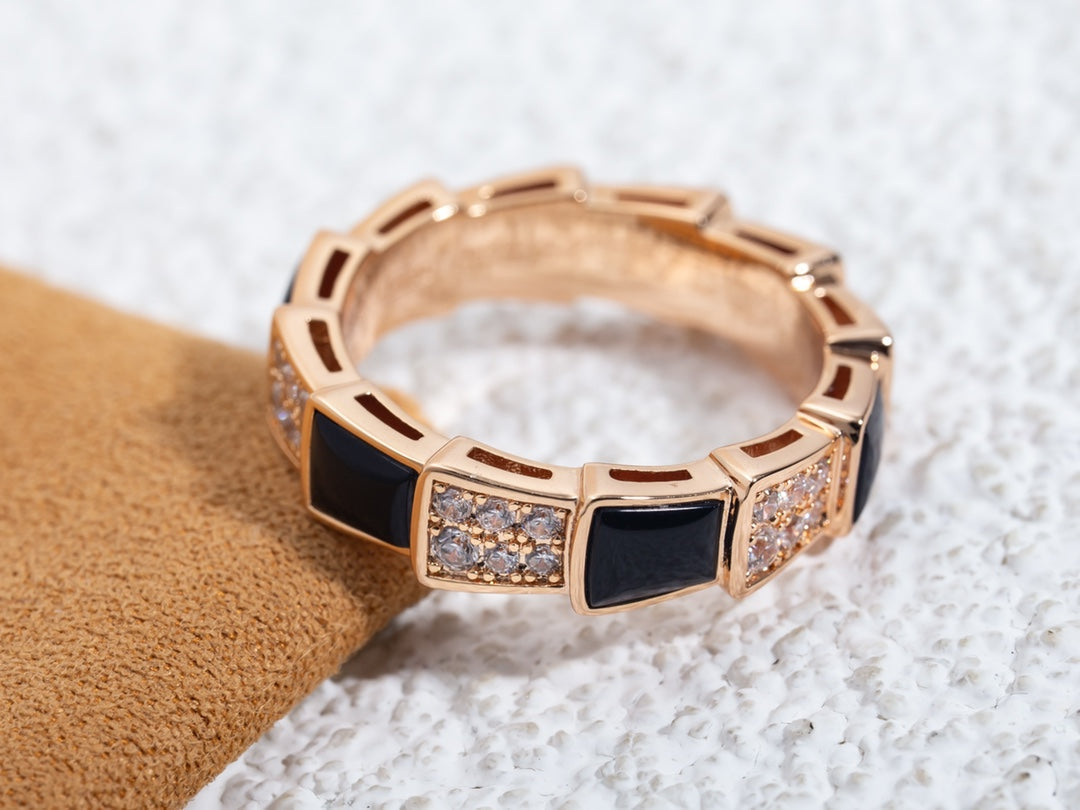 BVLGARI SERPENTI RING PINK GOLD BLACK MOP DIAMOND PAVED 4MM