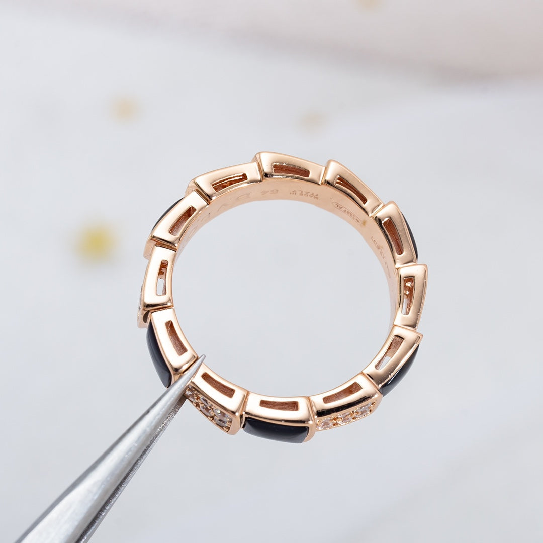 BVLGARI SERPENTI RING PINK GOLD BLACK MOP DIAMOND PAVED 4MM