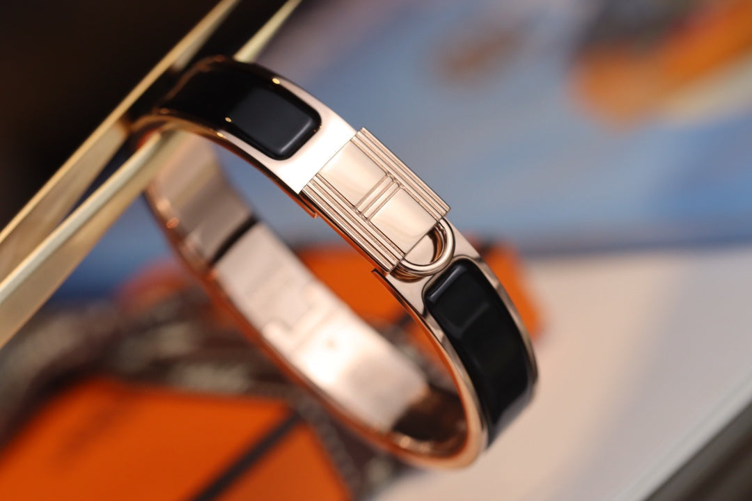 HERMES H LOCK BLACK PINK GOLD BRACELET 12MM