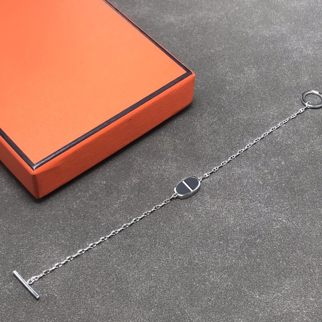 HERMES CHAINE VERSO BLACK CERAMIC SILVER BRACELET