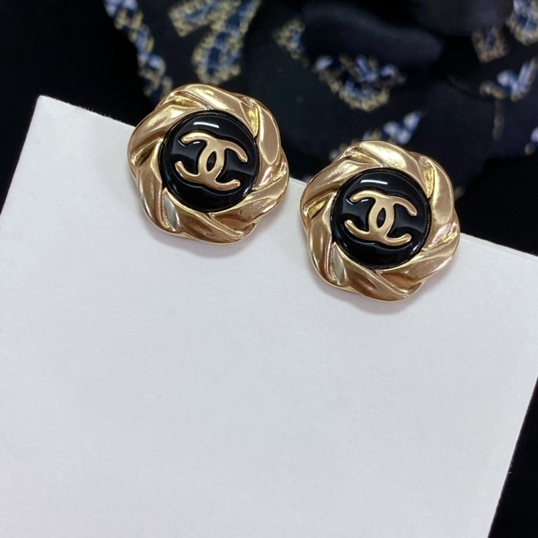 Chanel Double C Mini Stud Gold Black Earrings