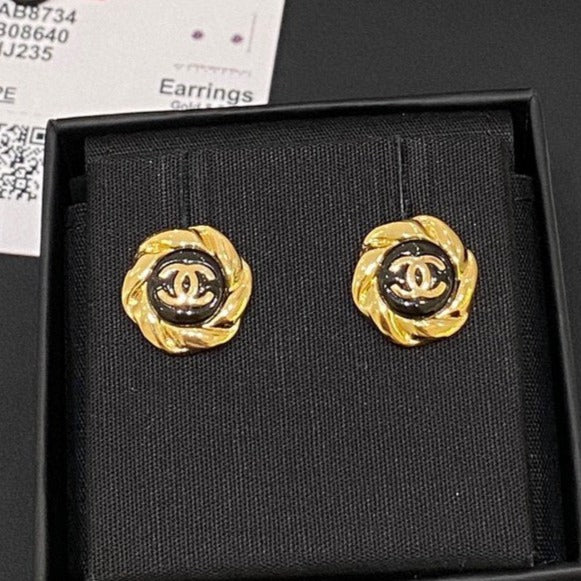 Chanel Double C Medium Stud Gold Black Earrings