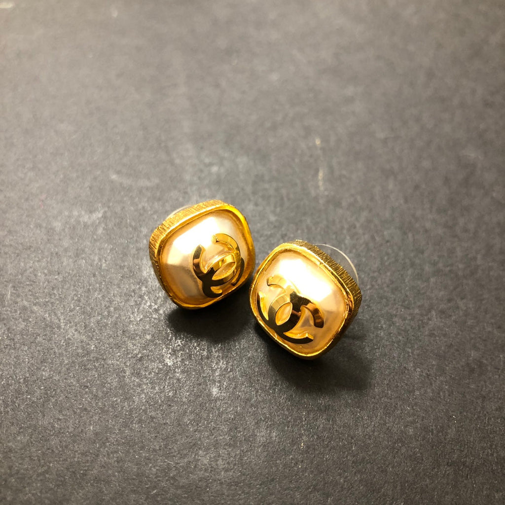 Chanel Double C Gold Mop Stud Earrings