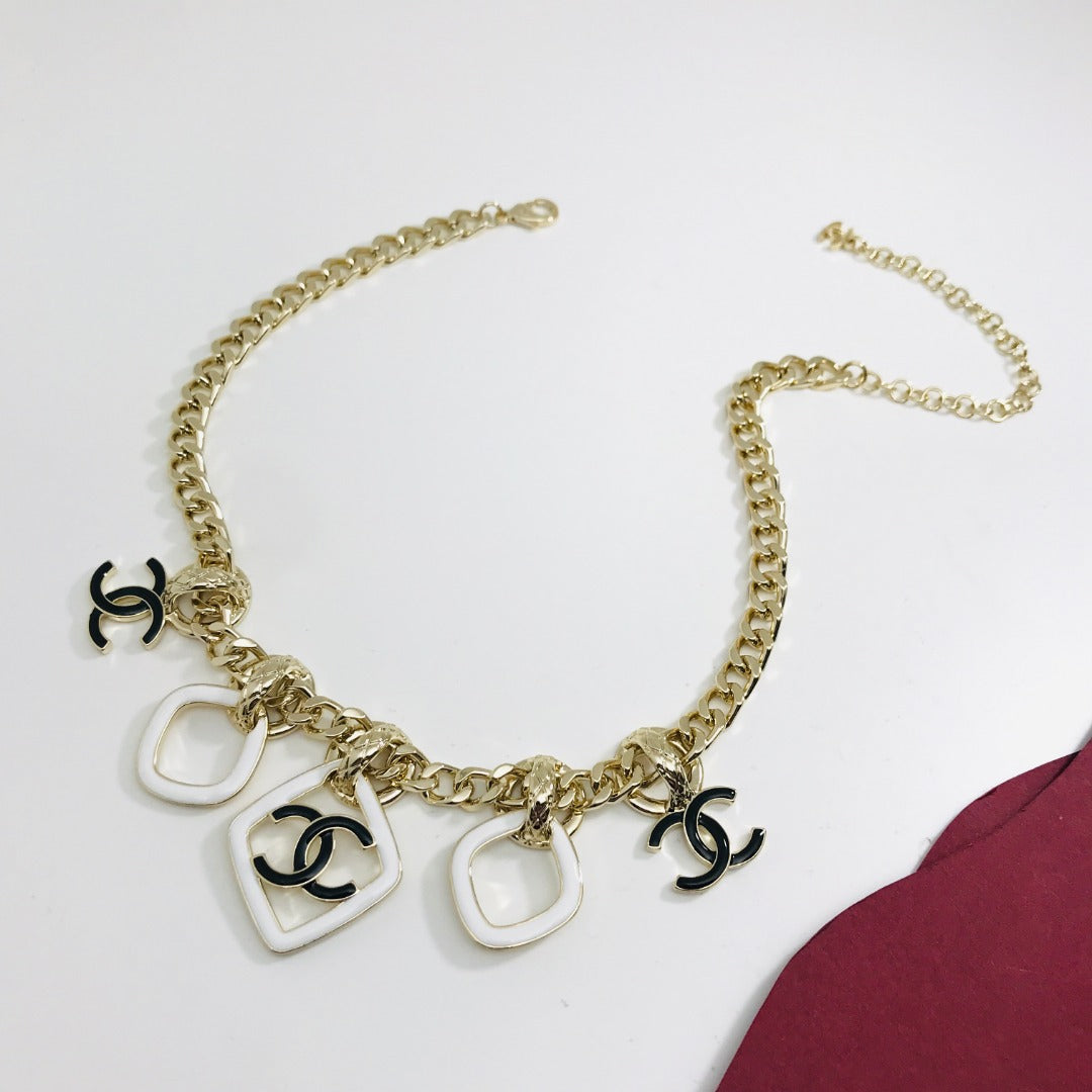 Chanel Multi Charm Pink Gold Black Enamel Necklace