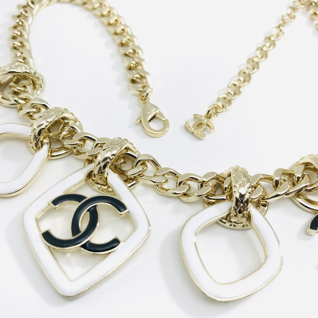 Chanel Multi Charm Pink Gold Black Enamel Necklace