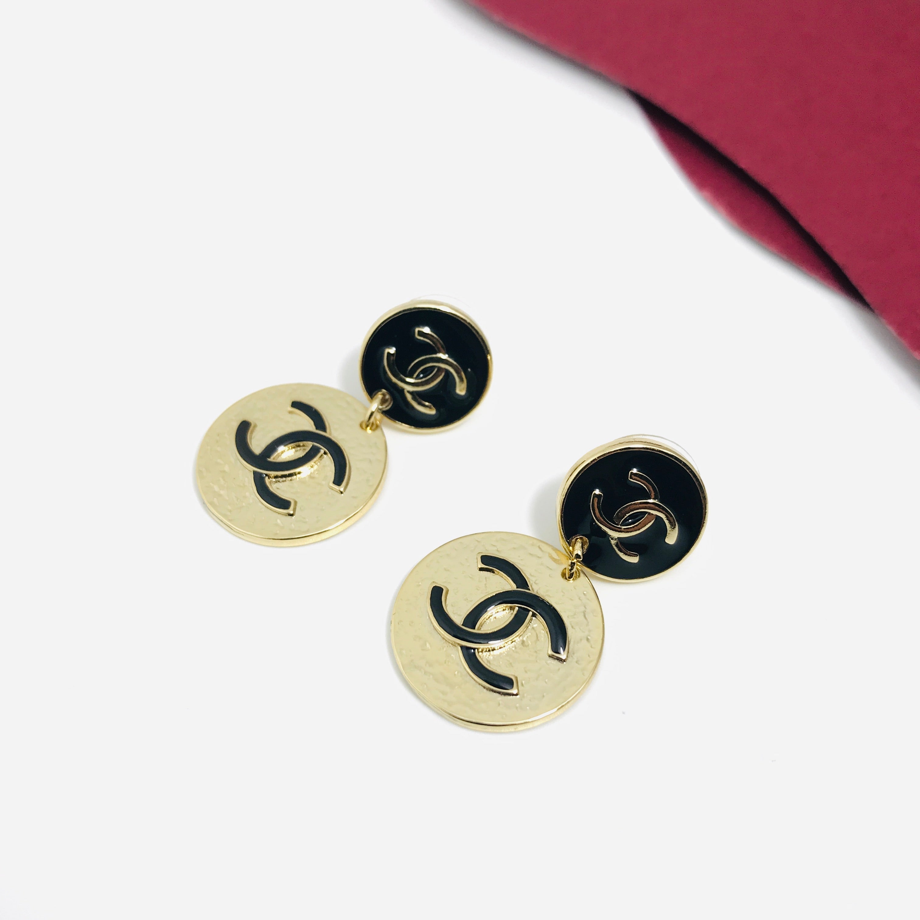 Chanel Double C Black Enamel Gold Drop Earrings