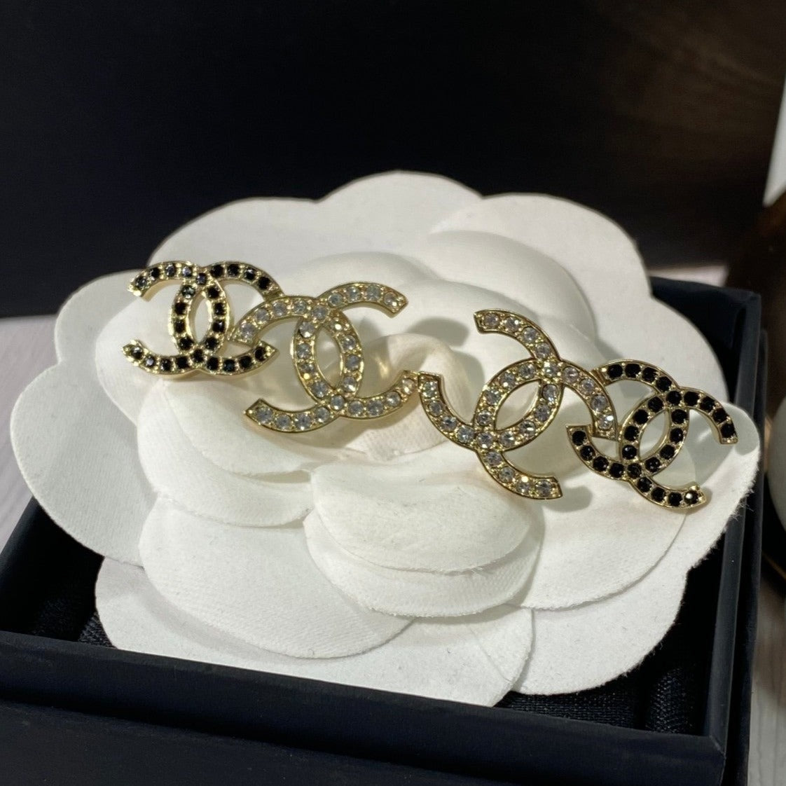 Chanel Double Stud Double C Diamond Gold Earrings