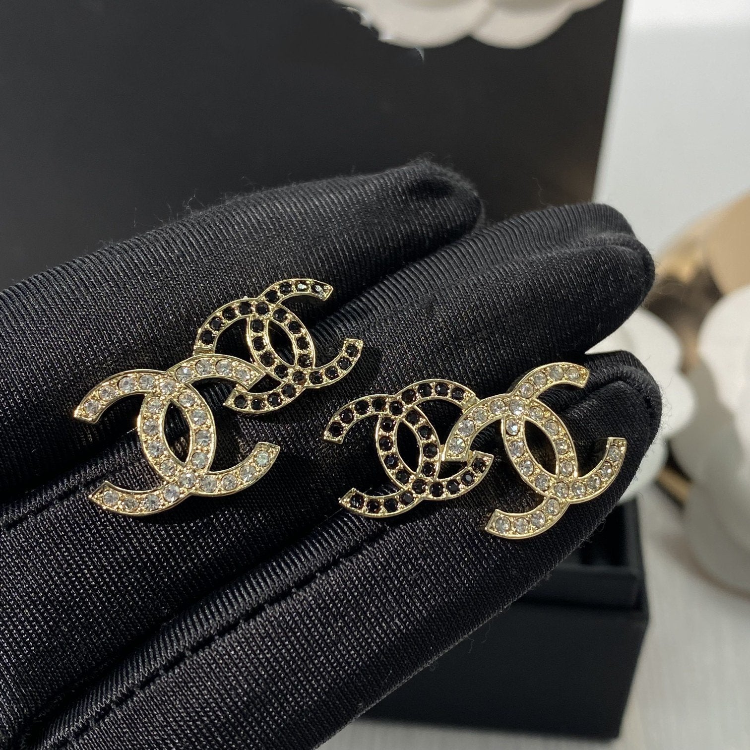 Chanel Double Stud Double C Diamond Gold Earrings