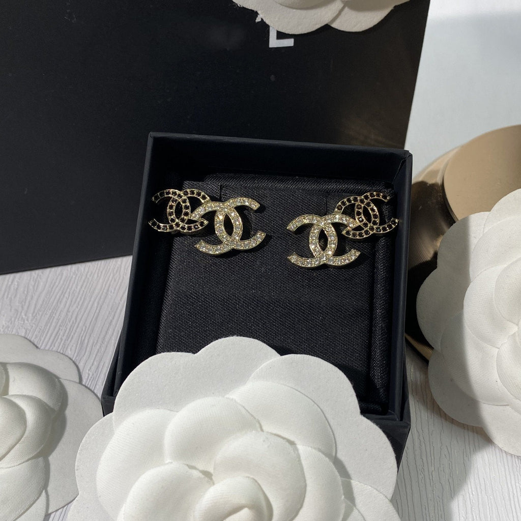 Chanel Double Stud Double C Diamond Gold Earrings