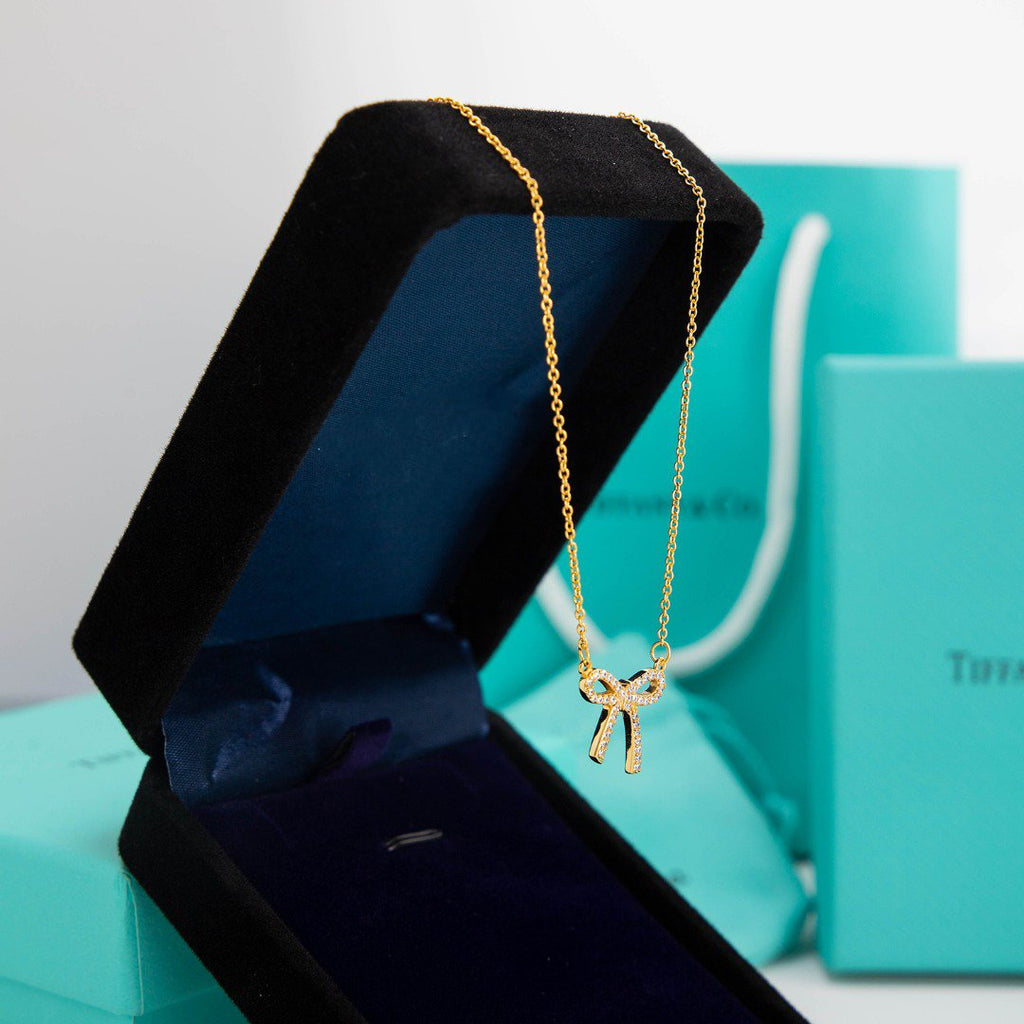 TIFFANY RIBBON NECKLACE BOW PENDANT DIAMOND CHARM CHAIN