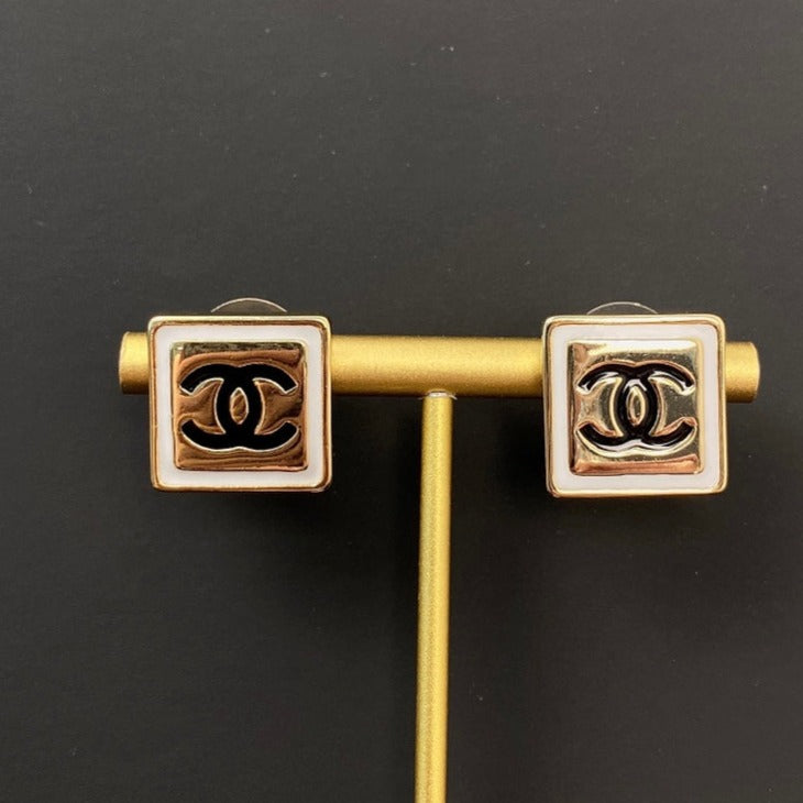 Chanel Square Gold Black Stud Earrings