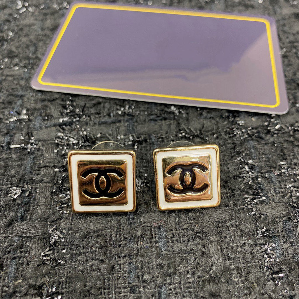 Chanel Square Gold Black Stud Earrings