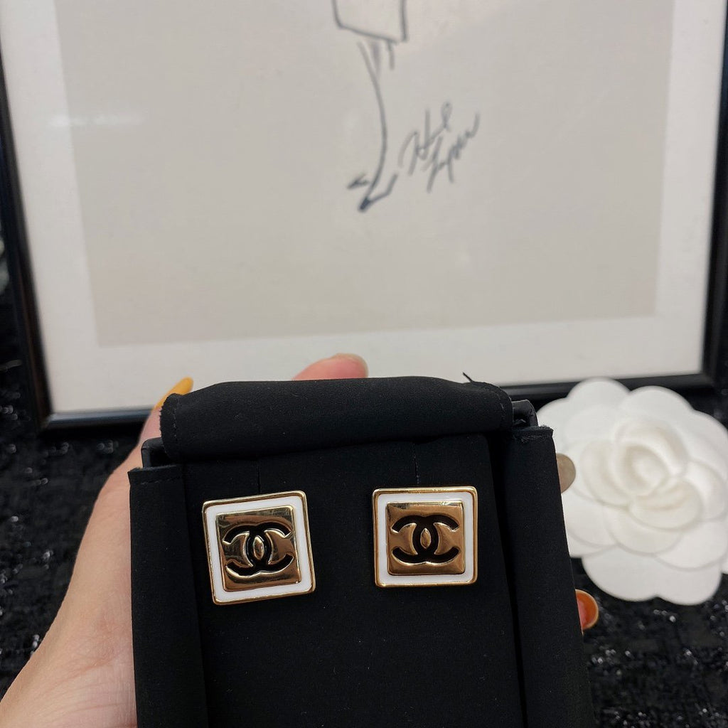Chanel Square Gold Black Stud Earrings