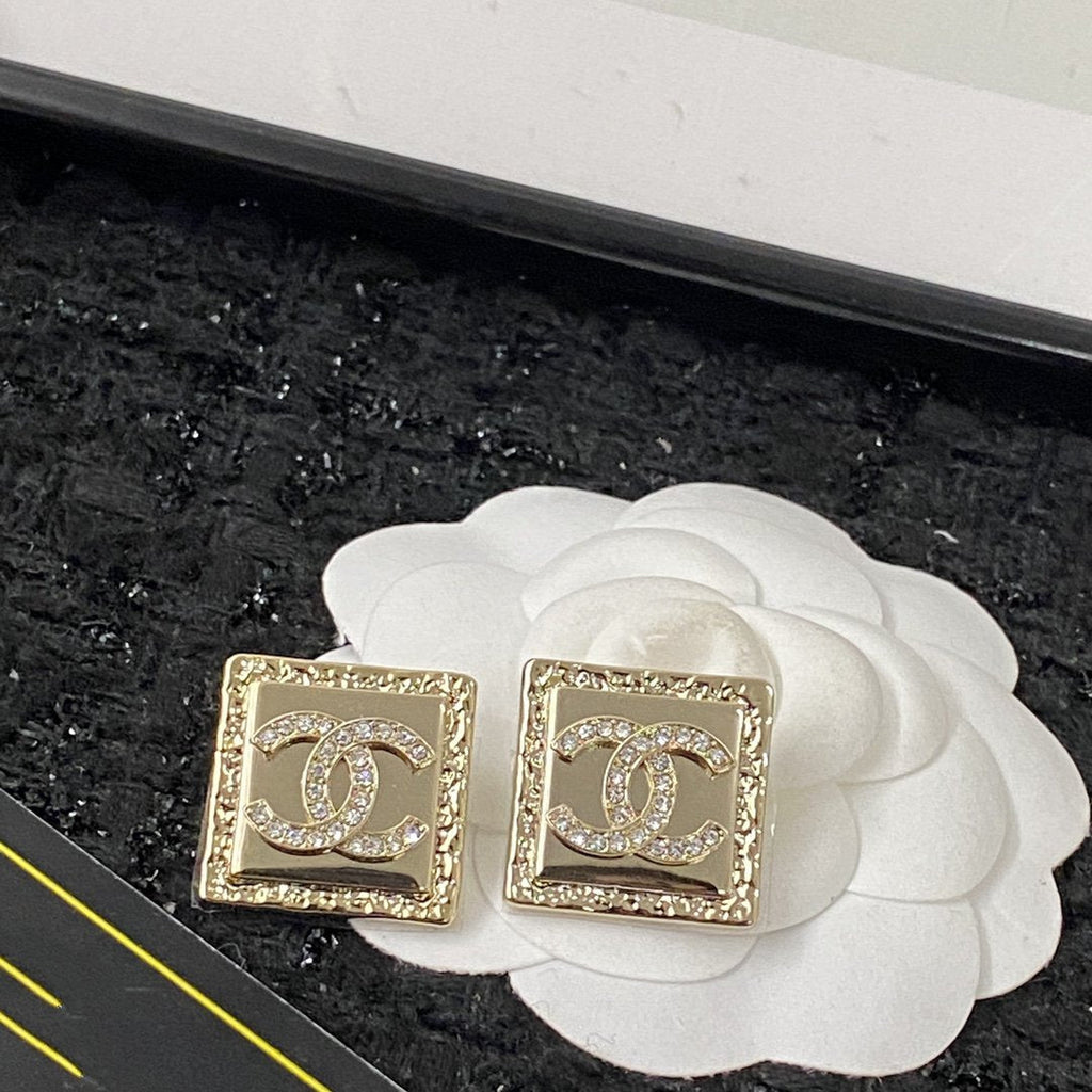 Chanel Diamond Pink Gold Square Stud Earrings