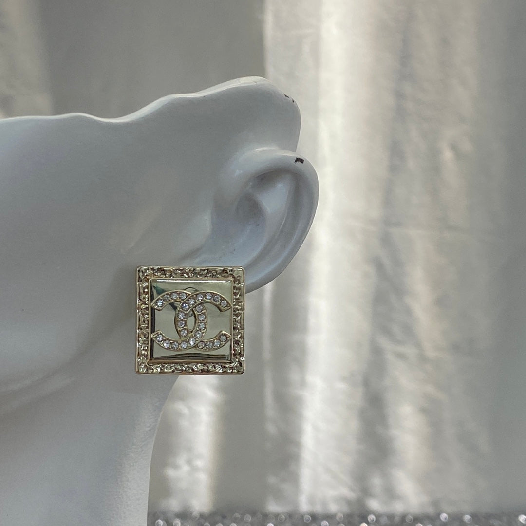 Chanel Diamond Pink Gold Square Stud Earrings