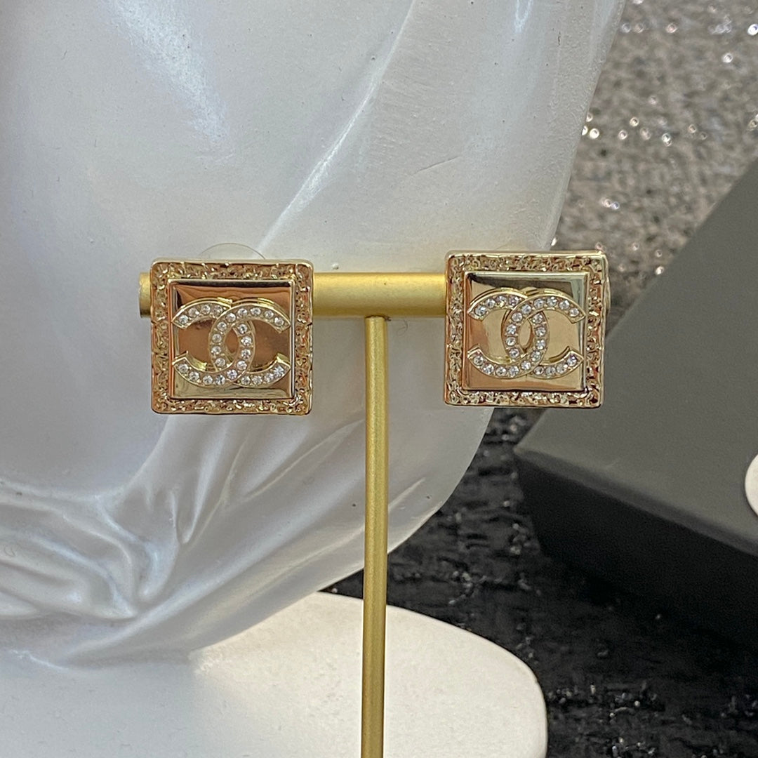 Chanel Diamond Pink Gold Square Stud Earrings