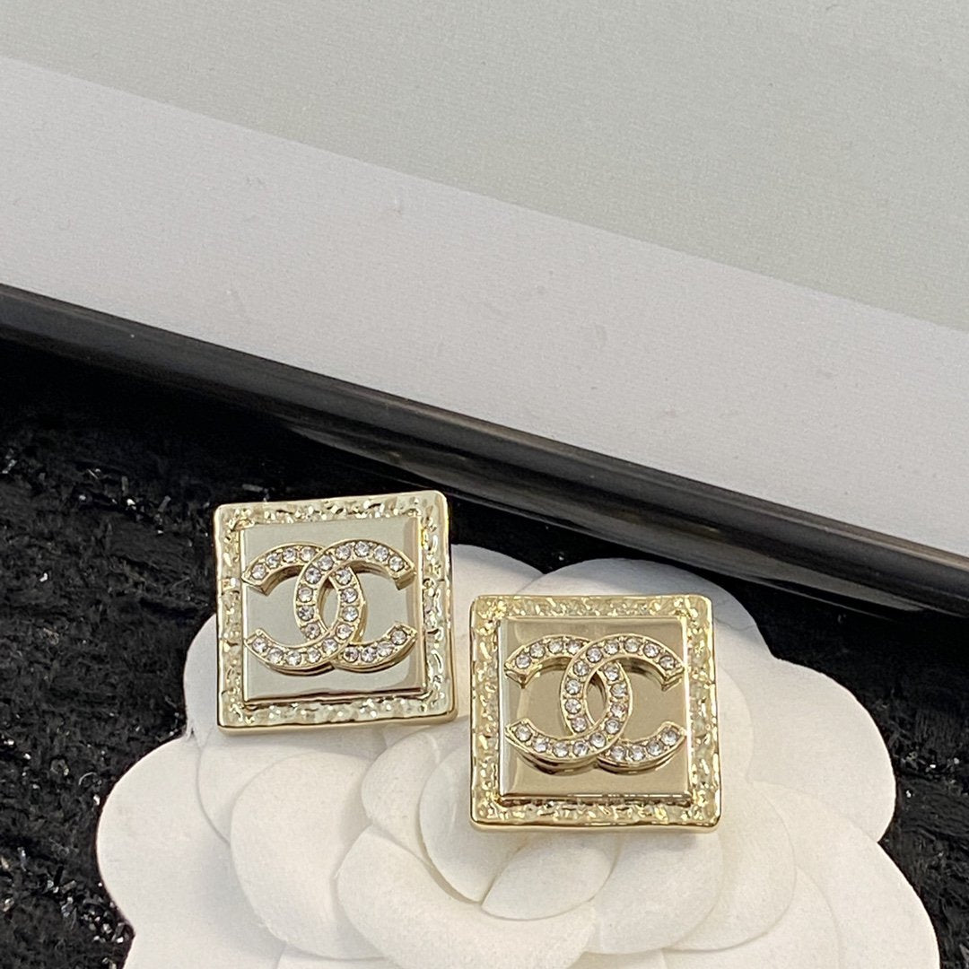 Chanel Diamond Pink Gold Square Stud Earrings