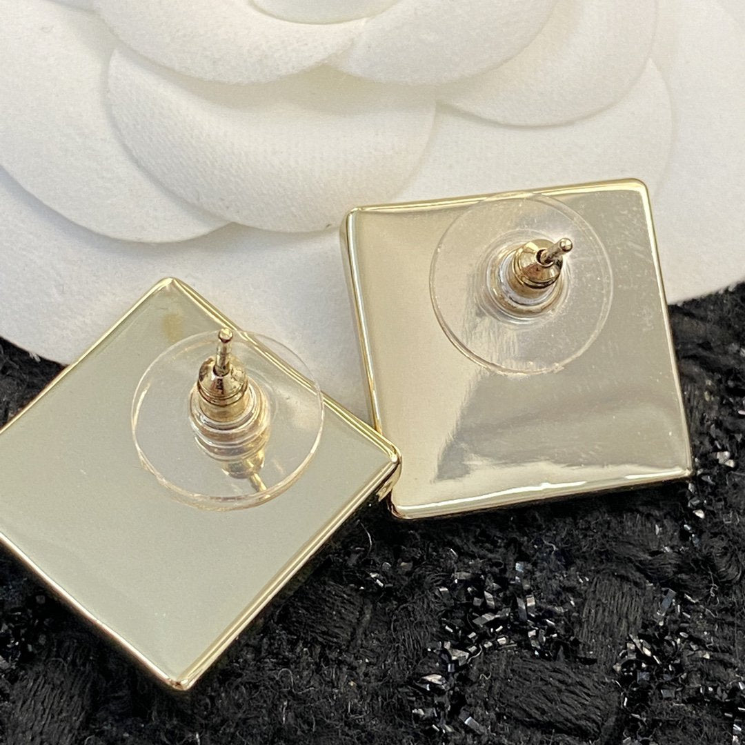 Chanel Diamond Pink Gold Square Stud Earrings