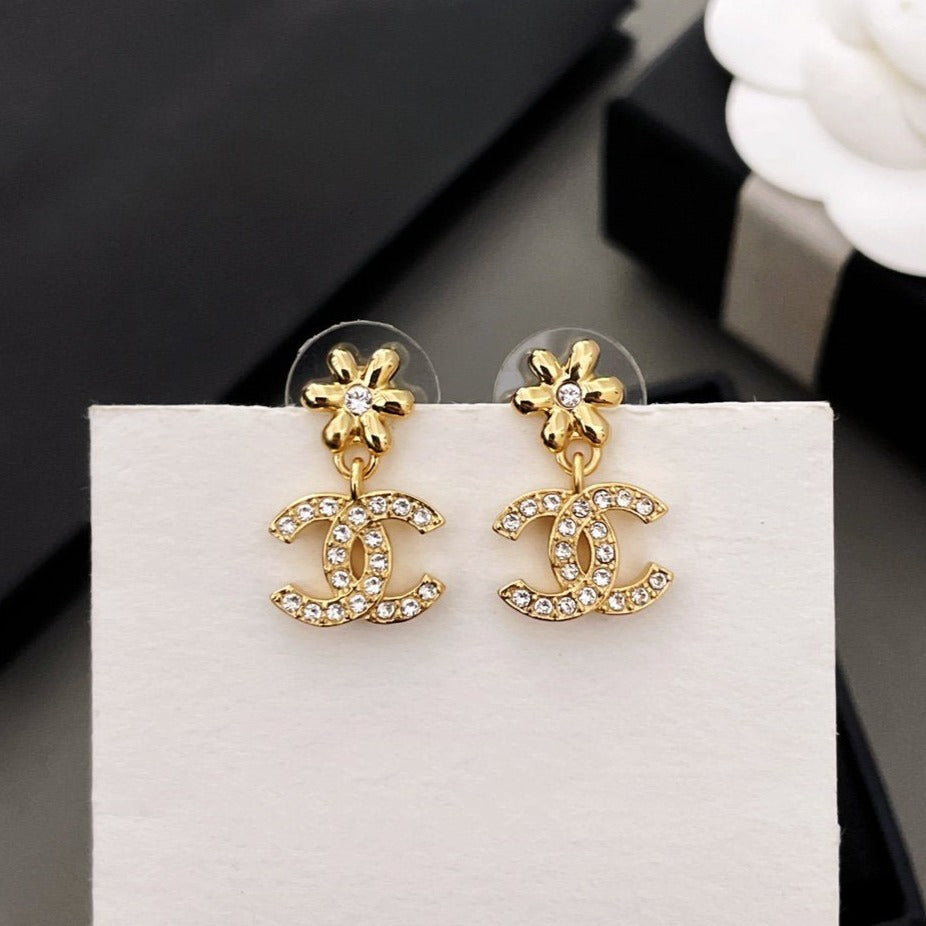Chanel Mini Flower Double C Diamond Gold Earrings