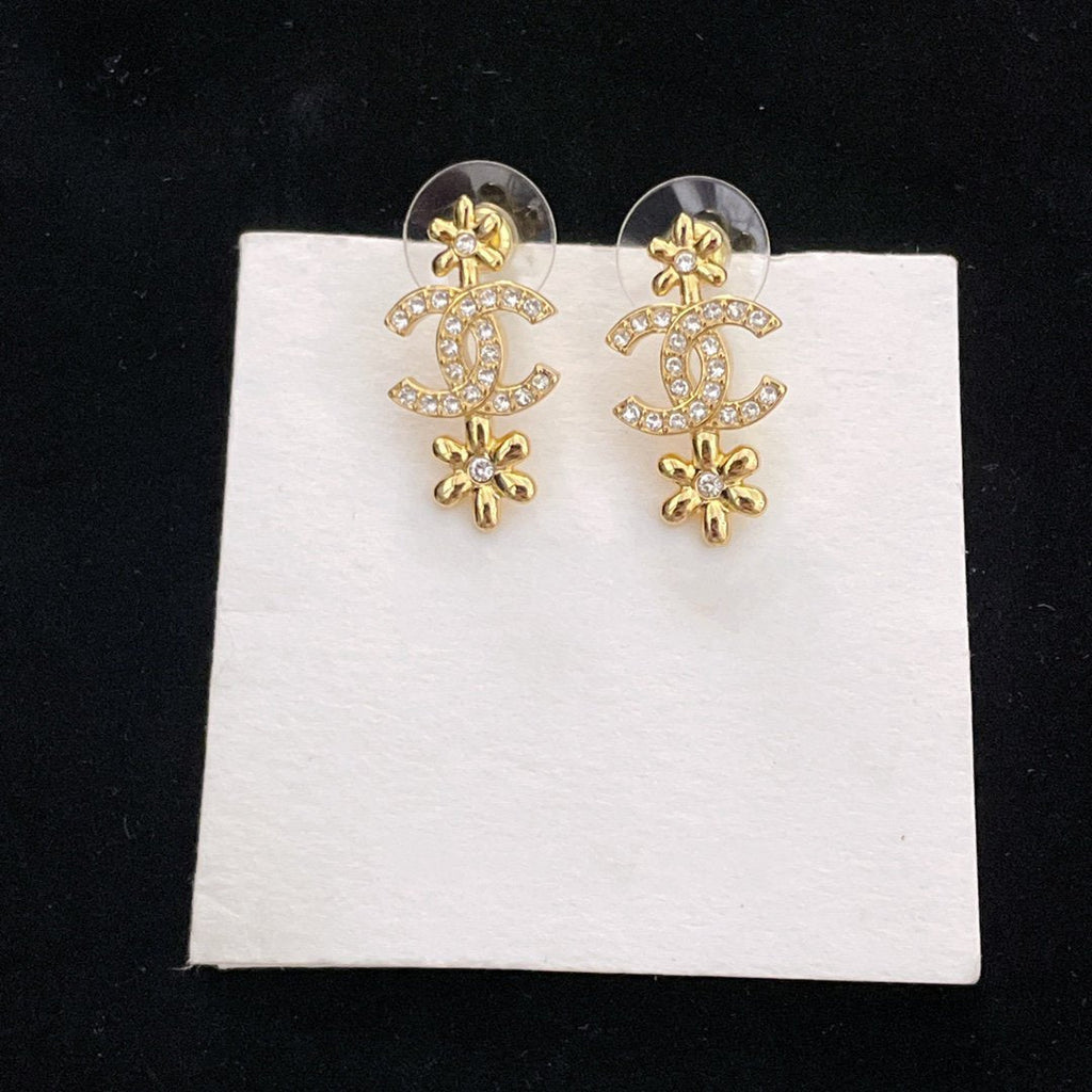 Chanel Double Flower Chanel Gold Diamond Drop Earrings