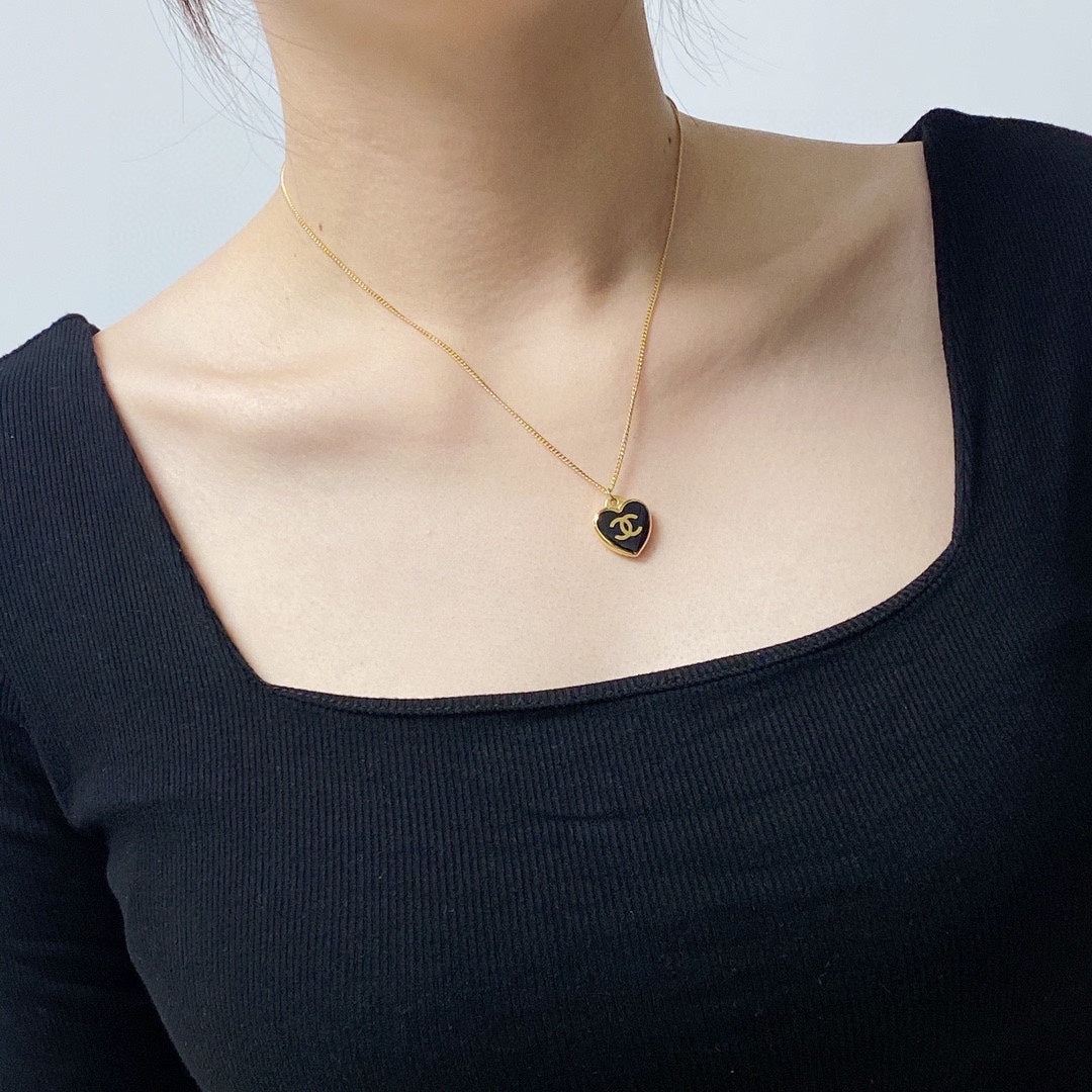 Chanel Heart Black Enamel Gold Necklace