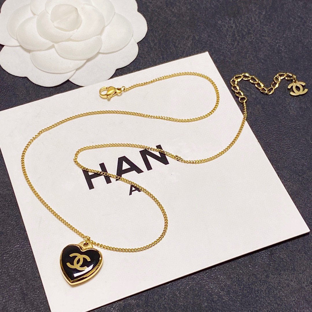 Chanel Heart Black Enamel Gold Necklace