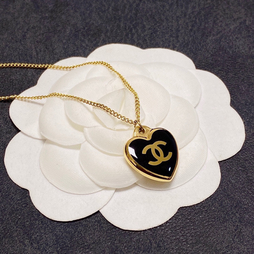 Chanel Heart Black Enamel Gold Necklace