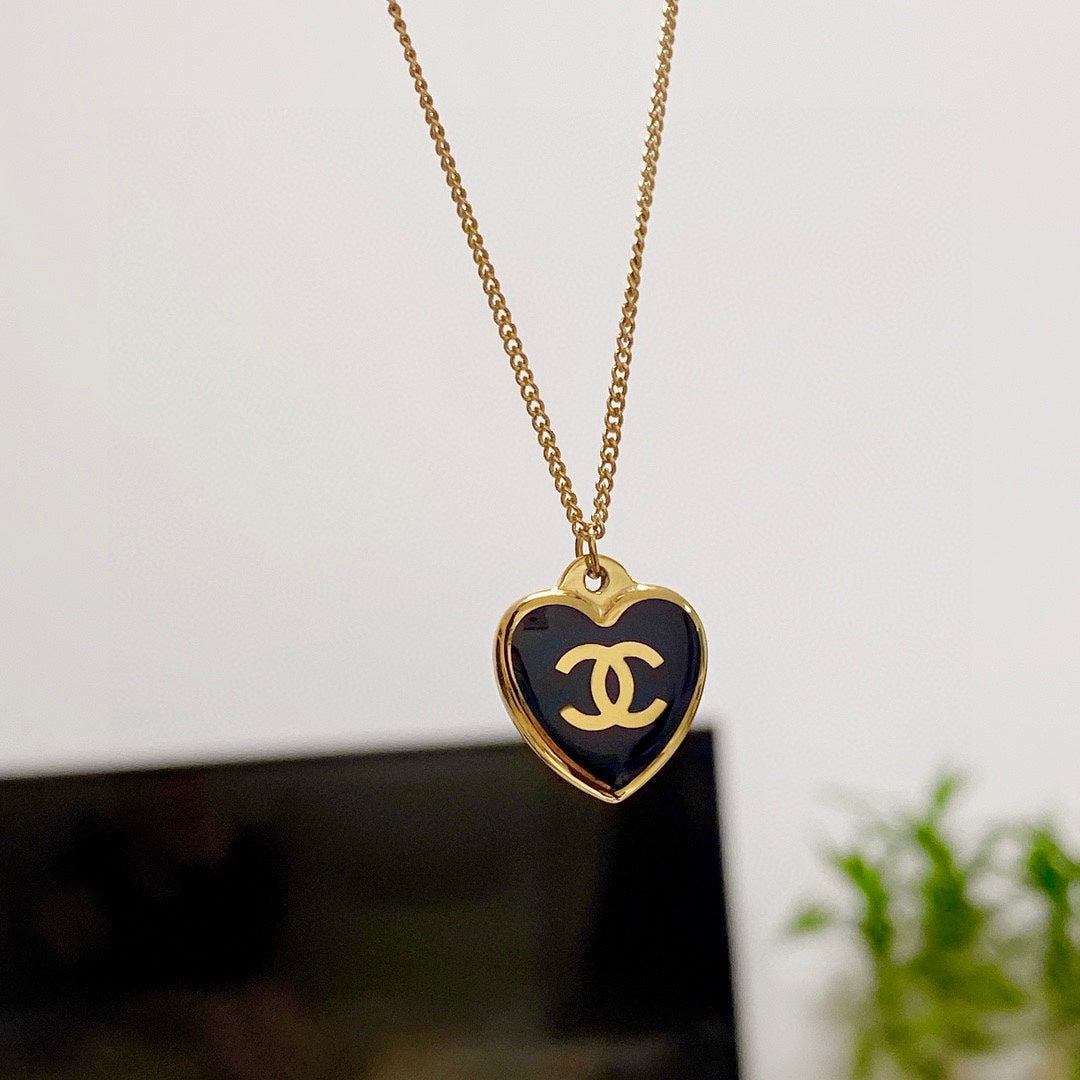 Chanel Heart Black Enamel Gold Necklace