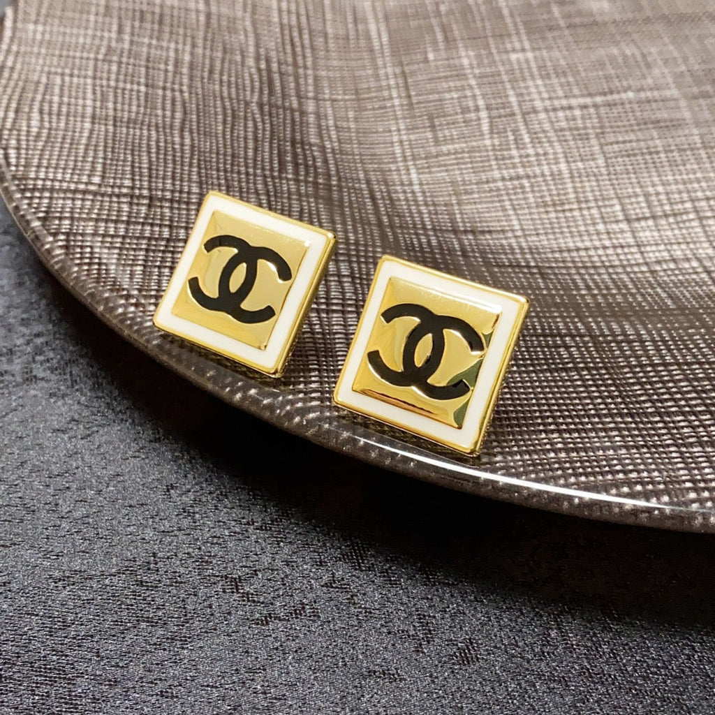Chanel Light Gold And White Enamel Square Earrings