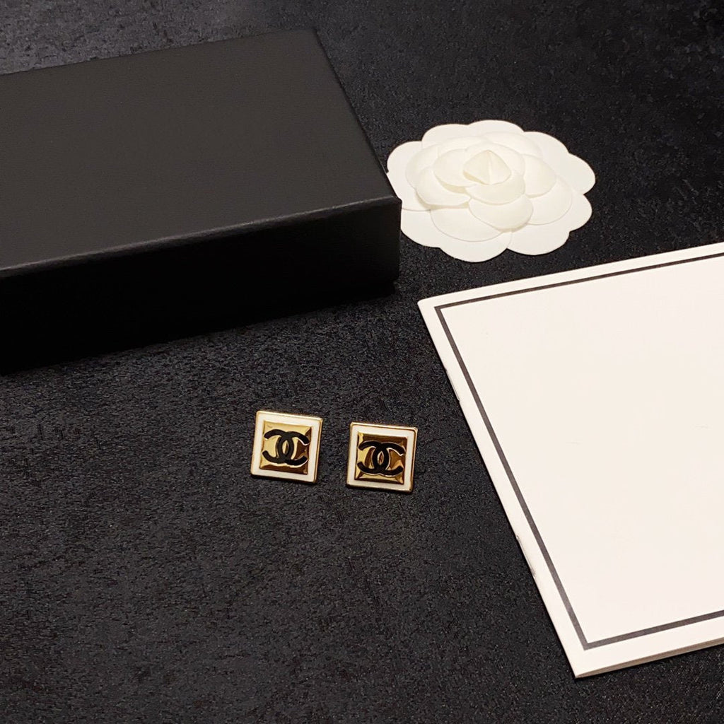 Chanel Light Gold And White Enamel Square Earrings