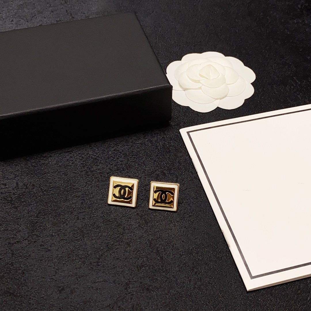 Chanel Light Gold And White Enamel Square Earrings