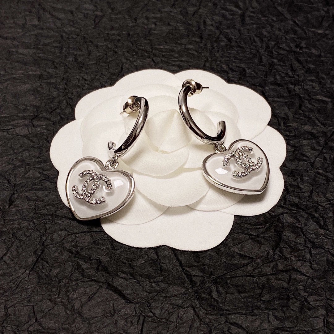 Chanel Silver White Enamel Hoop Earrings