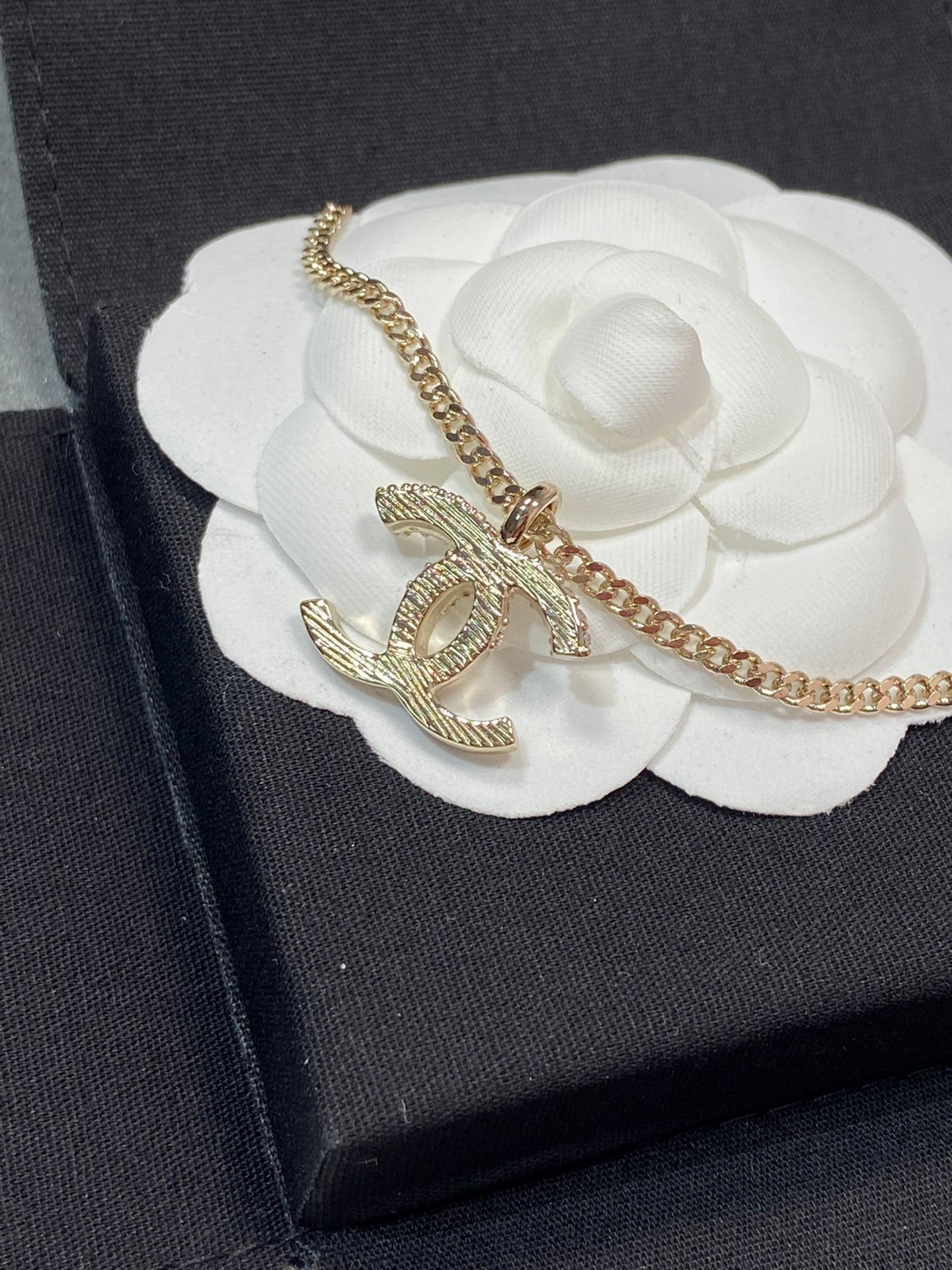 Chanel Pedant Half Diamond Pink Gold Necklace