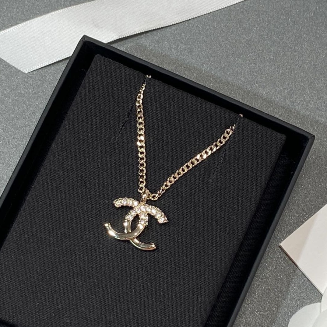 Chanel Pedant Half Diamond Pink Gold Necklace