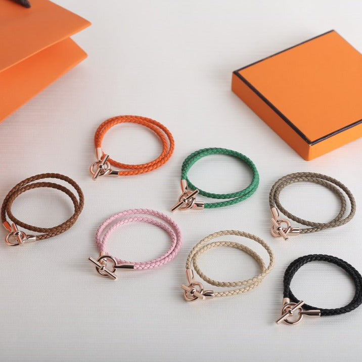 HERMES GLENAN DOUBLE TOUR PINK GOLD LEATHER BRACELET