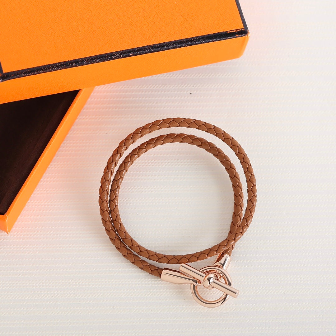 HERMES GLENAN DOUBLE TOUR PINK GOLD LEATHER BRACELET