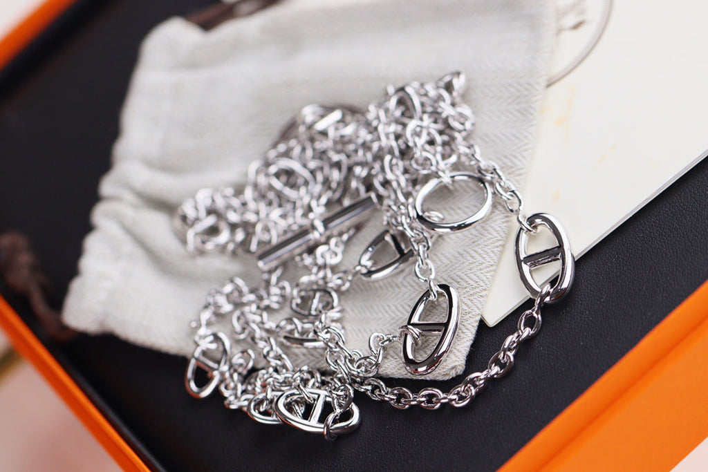HERMES HM FARANDOLE 120 LONG SILVER NECKLACE