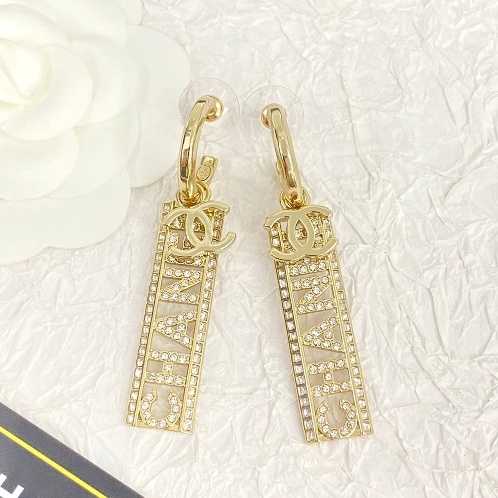 Chanel Text Diamond Paved Light Gold Drop Earrings
