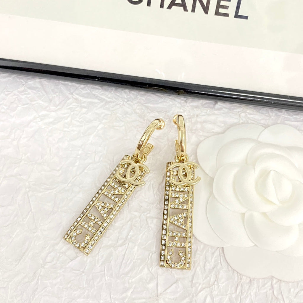 Chanel Text Diamond Paved Light Gold Drop Earrings