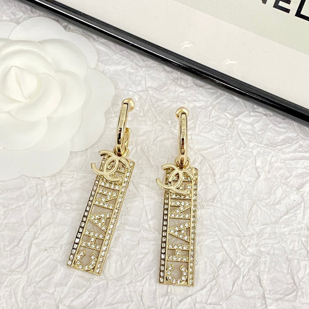 Chanel Text Diamond Paved Light Gold Drop Earrings