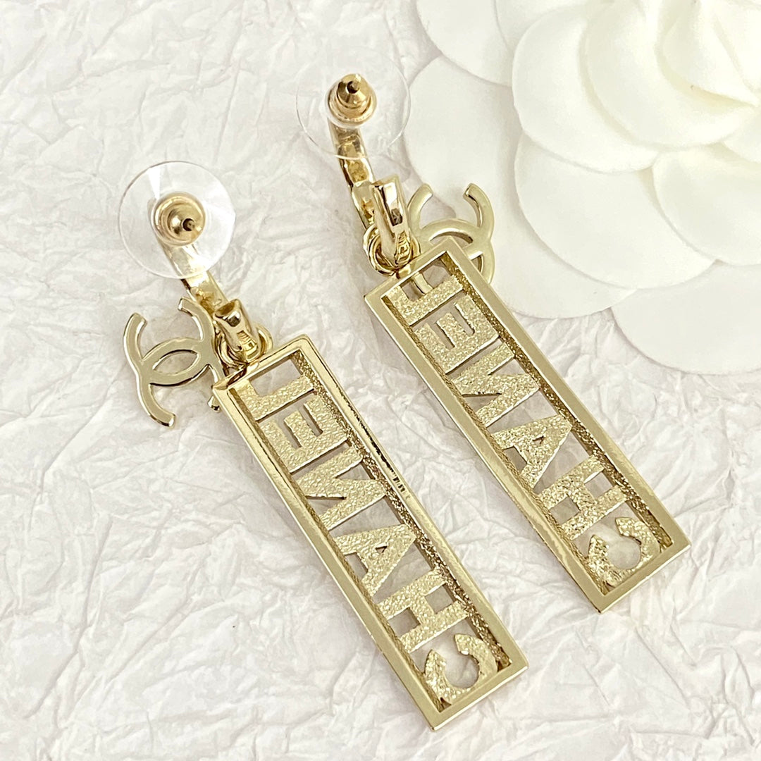 Chanel Text Diamond Paved Light Gold Drop Earrings